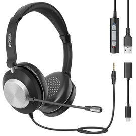 Voistek USB Headset with Mic for PC Laptop,USB-C Wired On Ear Computer Headphones with Noise Cancelling Microphone,in-line Control Office Work,Call Center,Video Meeting（Black）