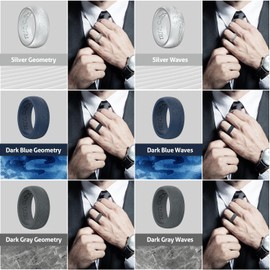 King Will Silicone Mens Ring - Breathable Wedding Bands for Men 8mm Wide Rubber Engagement Bands, Geometry/Waves Etched Design, Comfort Fit Rings - 6 Variety Multipack Silver/Dark Blue/Grey Size 14