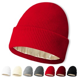NPQQUAN Satin Lined Beanie for Women Silk Lined Beanies Winter Warm Soft Lining Cuffed Knit Beanie Hats for Women Red