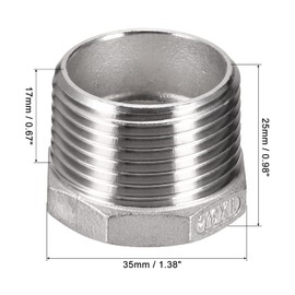 sourcing map Reducer Hex Bushing, 1 PT Male to 3/4 PT Female 304 Stainless Steel Reducing Pipe Fitting Adapter, Pack of 2