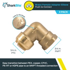 SharkBite 3/4 Inch x 3/4 Inch 90 Degree Female Adapter Elbow, Pack of 3, Push to Connect Brass Plumbing Fitting, PEX Pipe, Copper, CPVC, PE-RT, HDPE, U314LF