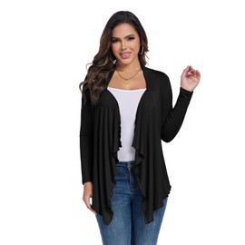 KESSER Women's Cardigan Elegant Long Sleeve Irregular Hem Pleated Long Casual Cardigan Buttonless Soft Lightweight Breathable Fashion Versatile, black, S