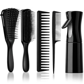 Juego de 5 Cepillos para Desenredar el Cabello, Set Profesional de Peluquería Incluye Cepillo Clásico 9 Filas, Peine Ancho, Peine para Rizos, Botella Nebulizadora, y de Dientes Finos para Mujer