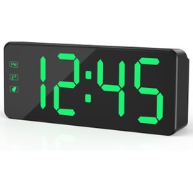 KWANWA Digital Alarm Clock with Large LED Display, Brightness Adjustable, 12/24h Format, Easy Operation, Mains Operated Including Adapter, Perfect Bedside Clock for Home, Office, Travel (Green Display