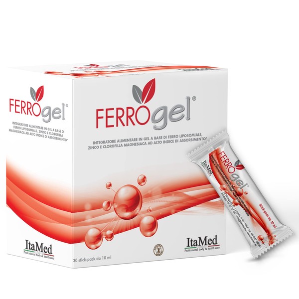 ITAMED Iron, FerroGel 30 Sticks 10 ml, Liposomal Iron and Zinc for Anemia Physical Fatigue Menstruation and Immune Defenses, Strong High Absorption Iron, Made in Italy