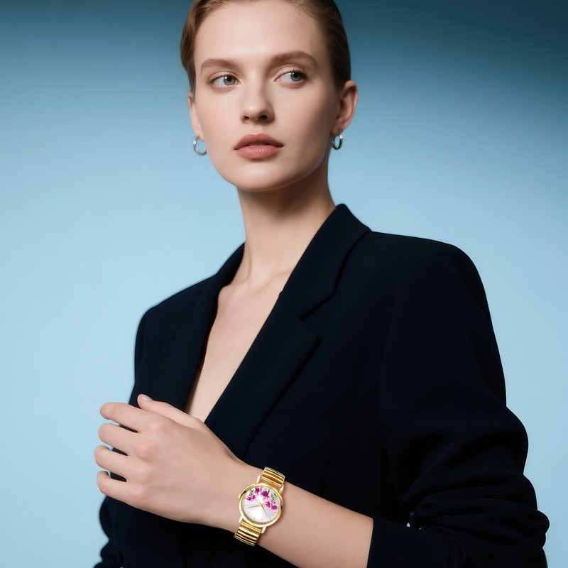 アンティーク 腕時計 レディース アナログ お花: ステンレスベルト 防水 レディースウォッチ ゴールド 金