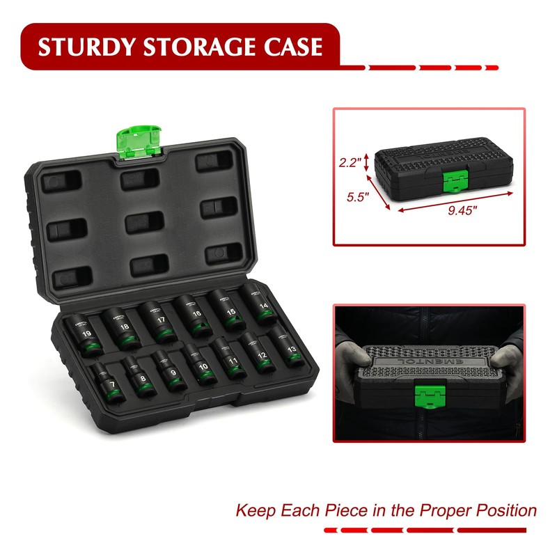 EMENTOL 3/8" Drive Impact Socket Set, Semi-Deep Sockets, 13 Pieces,