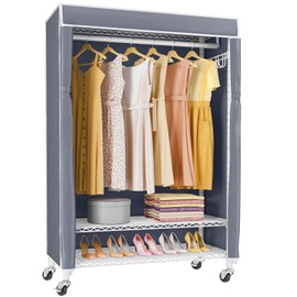 VIPEK R1C Rolling Clothes Rack with Cover Portable Closet for Hanging Clothes, Heavy Duty Garment Rack Freestanding Clothing Rack with Wheels & Hanging Rod, White Closet Rack with Gray Cover