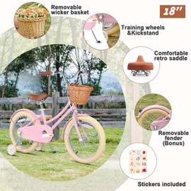 Glerc Little Molly 18 inch Kids Retro Cruiser Bike Bicycle for Girls Ages 4 5 6 7 8 9 Year Old with Wicker Basket & Traning Wheels & Kickstand & Bell for Birthday Gift Pink