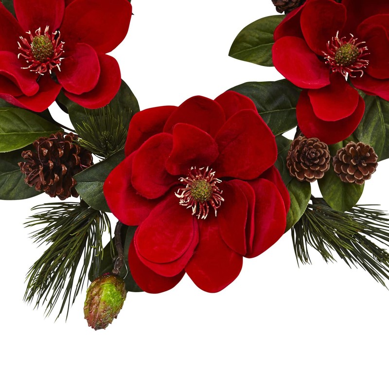Nearly Natural 24in. Red Magnolia & Pine Wreath