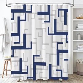 BTTN Navy Blue Shower Curtain - Geometric Fabric Shower Curtain Set with 12 Plastic Hooks, Water Repellent, Machine Washable, Hotel Spa Luxury Cloth Shower Curtains for Bathroom- 72x72