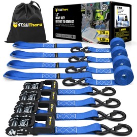 Stay There Heavy Duty Ratchet Tie Down Straps - 5208 Lbs Breaking Strength 1.6" x 8', Includes 4 Heavy Duty Ratchet Padded Handles – Coated Deep S-Hook & Carry Bag (Blue)