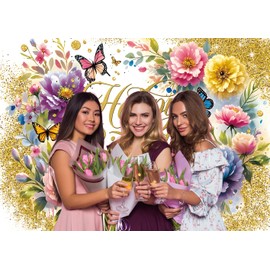 Flower Happy Birthday Backdrop for Women Gold Glitter Dots Floral Butterfly Birthday Photography Background for Girls Boys Bday Wedding Decor Banner (7x5FT（210x150cm）)