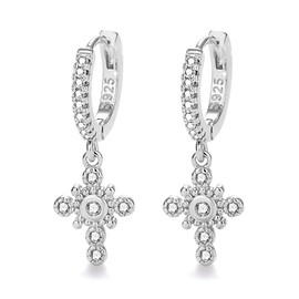 Lansora Cross Dangle Hoop Earrings Huggie Hoops Silver Cross Pendant Drop Hinged Hoop Earrings, Copper, Cubic Zirconia