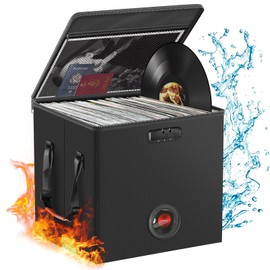 REIRQIE Vinyl Record Storage Box with Lock&Label,Fireproof＆Water Resistant LP Record Storage Crate for 100+ Single Records,Collapsible Vinyl Record Case with Lid&Handles for Valuable Album Collection