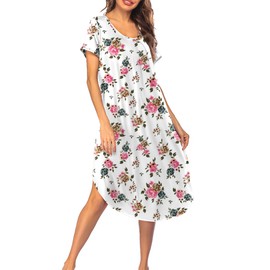 Ekouaer Sleep Shirts for Women Nightgown Short Sleeve House Dress Night Dress Womens Sleepwear White Flower XL