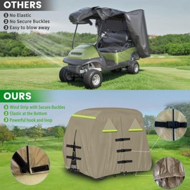 QEWTYI Golf Cart Cover 420D, Fit for Club Car, EZGO, Yamaha 2/2+2/4 Passenger Golf Cart, 3 Zipper Doors Windproof Sunproof Design - Khaki 95" L x 48" W x 66" H