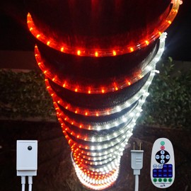 Russell Decor Patriotic Rope Lights Red white Havey Duty PVC tube with 10-Level Dimmable Remote Control Decoration for Canada or Christmas candy cane (80 Ft)