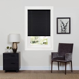 PowerSellerUSA 1" Vinyl Slats Room Darkening Cordless Window Blinds, 64L x 46W Inches Manual Operation Mode Blackout Privacy Blind, Solid Pattern Ceiling-Outside Mount Pull-Up Mini Blinds, Black