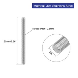 sourcing map 8Pcs Fully Threaded Rod, M5 x 60mm 304 Stainless Steel Right Hand Thread Bar Studs M5-0.8 Thread Pitch for Furniture Machinery Assembly