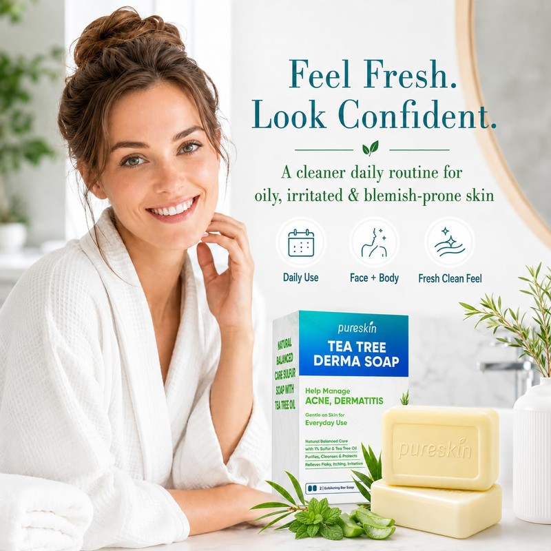 PURESKIN Sulfur & Tea-Tree-Oil Soap Bar: Natural Deep Cleansing for