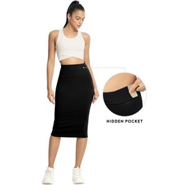 icyzone Women's Midi High Waist Pencil Skirts with Back Slit, Stretchy Casual Work Bodycon Skirts for Women (Black,M)