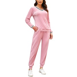 Totatuit Velvet Pyjamas for Women Casual Soft V Neck Long Sleeve Lounge Wear Pjs Set for Fall Winter 2 Piece Nightwear Pullover Top and Bottom with Pockets Pink