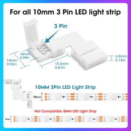 WENHSIN 10-Packs L Shape 3-Pin LED Connectors for LED Strip Lights 10MM Width Unwired Gapless Solderless Adapter Extension