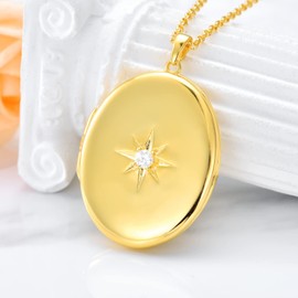 SOULMEET 18K Gold Plated Silver Oval Starburst Locket Necklace That Holds 1 Picture Photo “You Are My Dream Star” (Locket only)