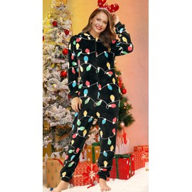 Spadehill Christmas Women Holiday Cute Onesie One Piece Fleece Novelty Adult Pajamas Christmas Lights XXL