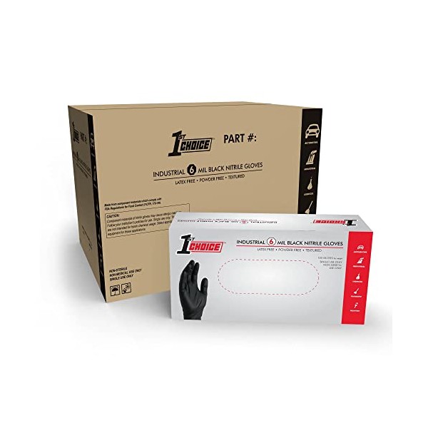 1st Choice Black Nitrile Industrial Disposable Gloves, 6 Mil, Latex & Powder-Free, Food-Safe, Textured, Small, Case of 1000