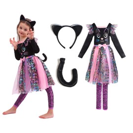 Sincere Party Girl's Glamorous Cat Dress with Tail,Headband 5-6years