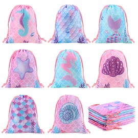 Honoson 24 Pieces Mermaid Party Favor Drawstring Gifts Bags Mermaid Birthday Party Goodie Candy Bags Under the Sea Theme Treat Pouch for Under the Sea Birthday Baby Shower Supplies