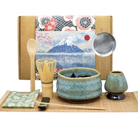 Annie & Mia Design Matcha Whisk Set (9pcs), Japanese Tea Matcha Set includes Ceramic Matcha Bowl, Bamboo Matcha Whisk(chasen), Ceramic Matcha Whisk holder, Bamboo Matcha Scoop (chashaku). Blue color