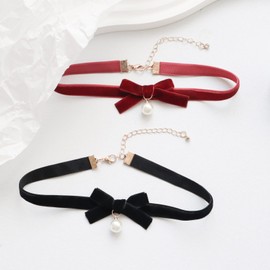 Ahegao Women's Velvet Bow Choker Set of 2 Cute Choker Collar Necklace Cosplay Subcal Accessory Simple