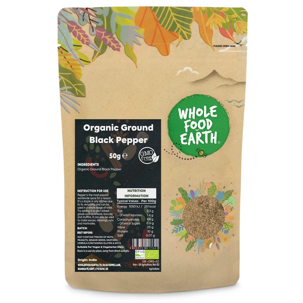 Whole Food Earth® - Organic Ground Black Pepper 50 g | GMO Free | Certified Organic