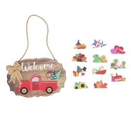 Wooden Welcome Sign with 12Pcs Interchangeable Seasonal Icons Wall Hanging Plaque for Front Door