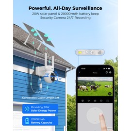 Hiseeu 24/7 Recording 4G Cellular Security Cameras Wireless Outdoor, No WiFi Need, 20W Solar Powered, 360°PTZ, 2K Night Vision, 2-Way Talk, 20000mAh Battery, Include 64G SD, Built-in 4G SIM Card