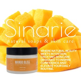 Sinarie Coconut-Free Body Butter | Luxurious Hydration with Shorea Butter, Evening Primrose Oil, Argan & Moringa Oil | Non-Greasy, Natural Ingredients | For Sensitive Skin (5.3 oz., Mango Bliss)