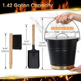 Mini Ash Bucket with Lid,Shovel & Hand Broom,Galvanized Steel Metal Charcoal Container, Coal Bucket with Handle,Tool Set Accessories for Fireplace Indoor & Outdoor, Fire Pit, Wood Burning Stove.Golden