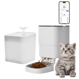 Junbec-Pet Automatic cat Feeder and Water Fountain,4L WiFi Dry Auto Pet Food and 2.2L Water Dispenser Set,Small Timed Self Feed Smart APP Feeding Stainless Steel Bowl(White)