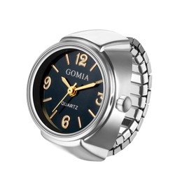 JewelryWe Women Finger Ring Watch: Retro Silver Stretchy Elastic Band Men Ladies Round Black Dial Quartz Analogue Lightweight Novelty Watches