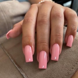 Uñas postizas acrílicas reutilizables, largas, cuadradas, estilo ataúd, medianas, con pegamento, naturales, gruesas, 24 colores sólidos, para mujer