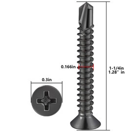 Wensilon（250pcs）#8×1-1/4”for Sheet Metal Self-Tapping Screws 410 Black Stainless Steel Flat Head High-Strength Quick self-Drilling Screws