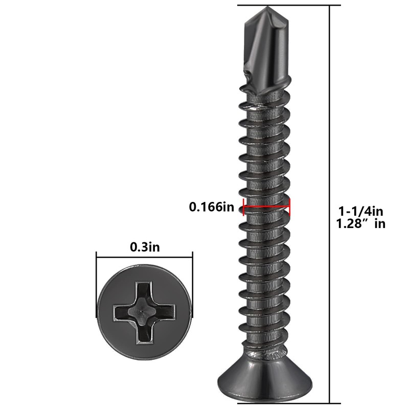 Wensilon（250pcs）#8×1-1/4”for Sheet Metal Self-Tapping Screws 410 Black Stainless Steel Flat