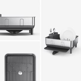 simplehuman Compact Kitchen Dish Drying Rack With Swivel Spout, Fingerprint-Proof Stainless Steel Frame, Grey Plastic