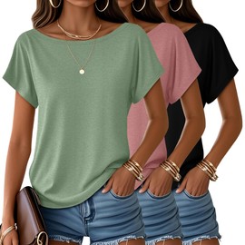 Huukeay 3 Pack Boat Neck Tops for Women, Short Sleeve Loose Cotton Shirts Causal Oversized Tunic Basic Tees Off The Shoulder(Bean Green, Light Pink, Black,X-Large)