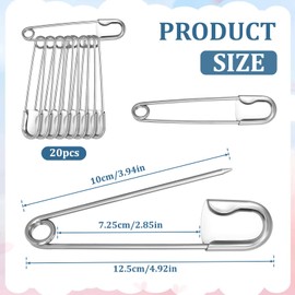 20 Pcs 5 Inch Jumbo Safety Pins Large Heavy Duty Safety Pins Stainless Steel Huge Strong Laundry Pins XL Safety Pins for Upholstery Sewing Quilting Blanket Key Rings Outdoor