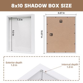 Muzilife 8x10 Shadow Box Picture Frame with Linen Board - Deep Wood & Glass Display Case Ready to Hang Memory Box Baby Sports Memorabilia, Pins, Awards, Medals, Wedding, Tickets and Photos (White)