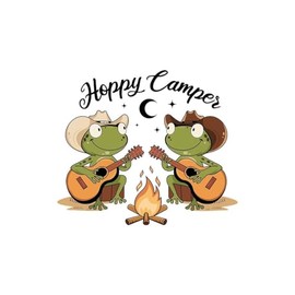 Happy Camper Frog Sticker – Funny Cowboy Frogs Playing Guitar Campfire Vinyl Decal 5"